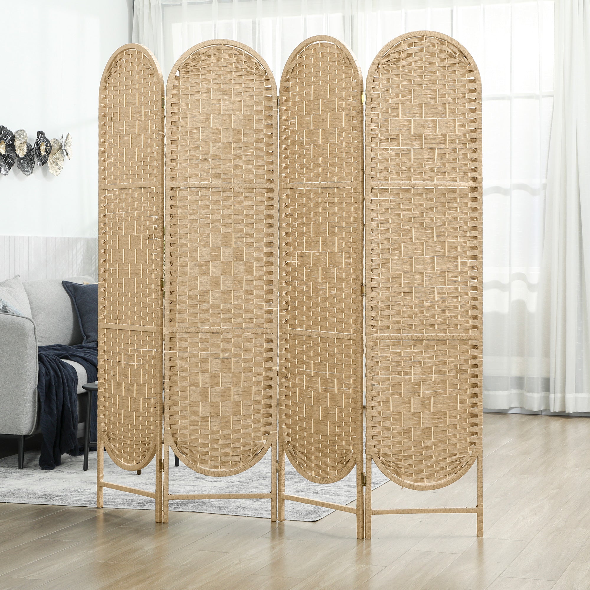 Bohemian Privacy Screen, Folding Room Divider with 4 Panels and Arched Top for Bedroom Living Room Office, Natural Wood