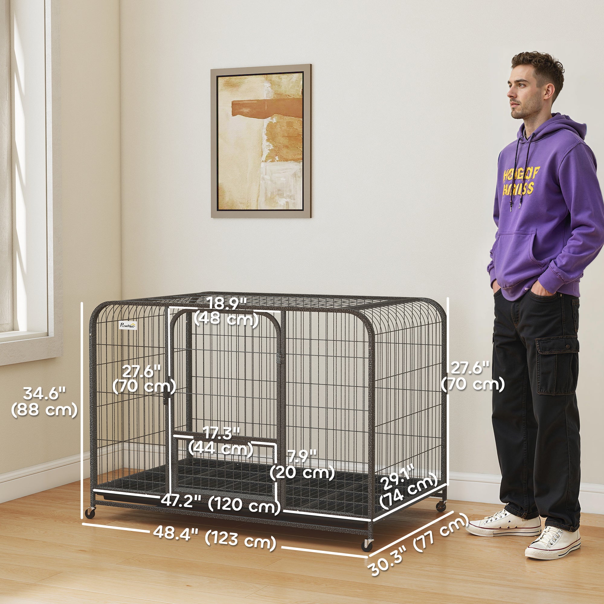 Cage robuste pour chien de 48 pouces, grande cage métallique pour chien avec roulettes verrouillables et bac amovible