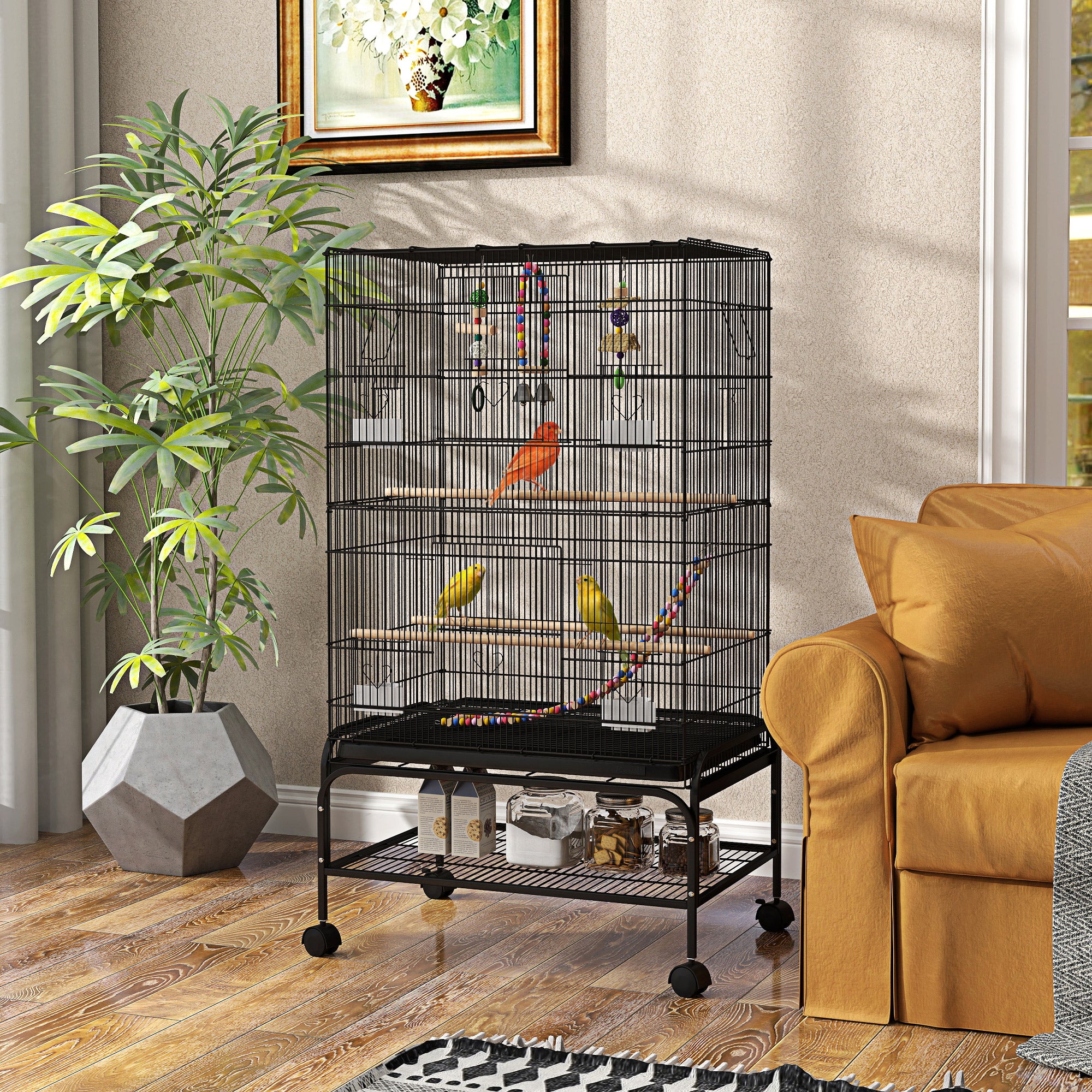 43" Bird Cage with Rolling Stand, Toys, for Budgies Canaries Black