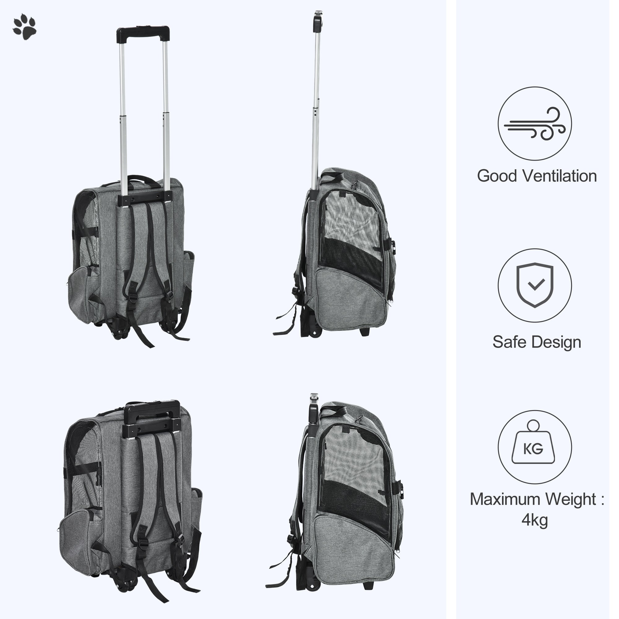 Valise pour animaux 2-en-1, sac à dos et caisse de transport pour chats et chiens avec poignée et roulettes, grise