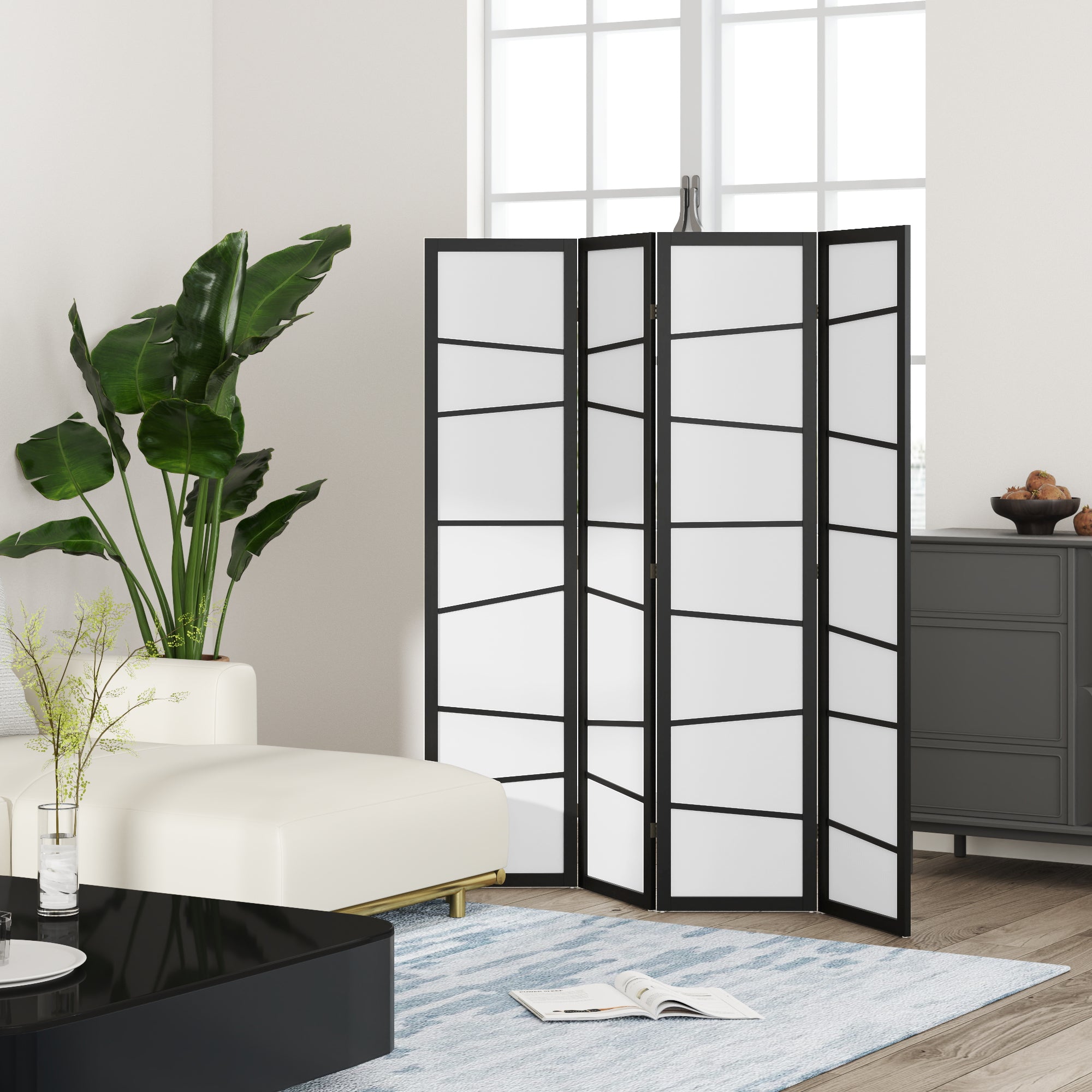 5.6ft Folding Room Divider, 4 Panel Wall Partition with Wood Frame for Bedroom, Home Office, White