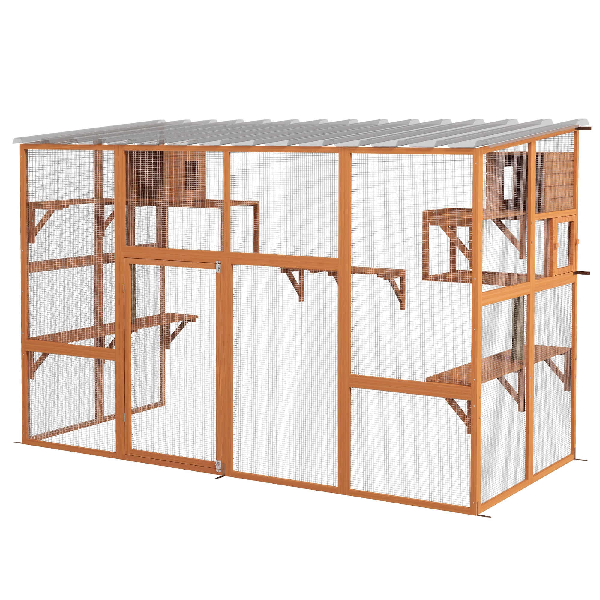 Large Outdoor Catio with 2 Condos, Jumping Platforms, Waterproof Roof, Orange