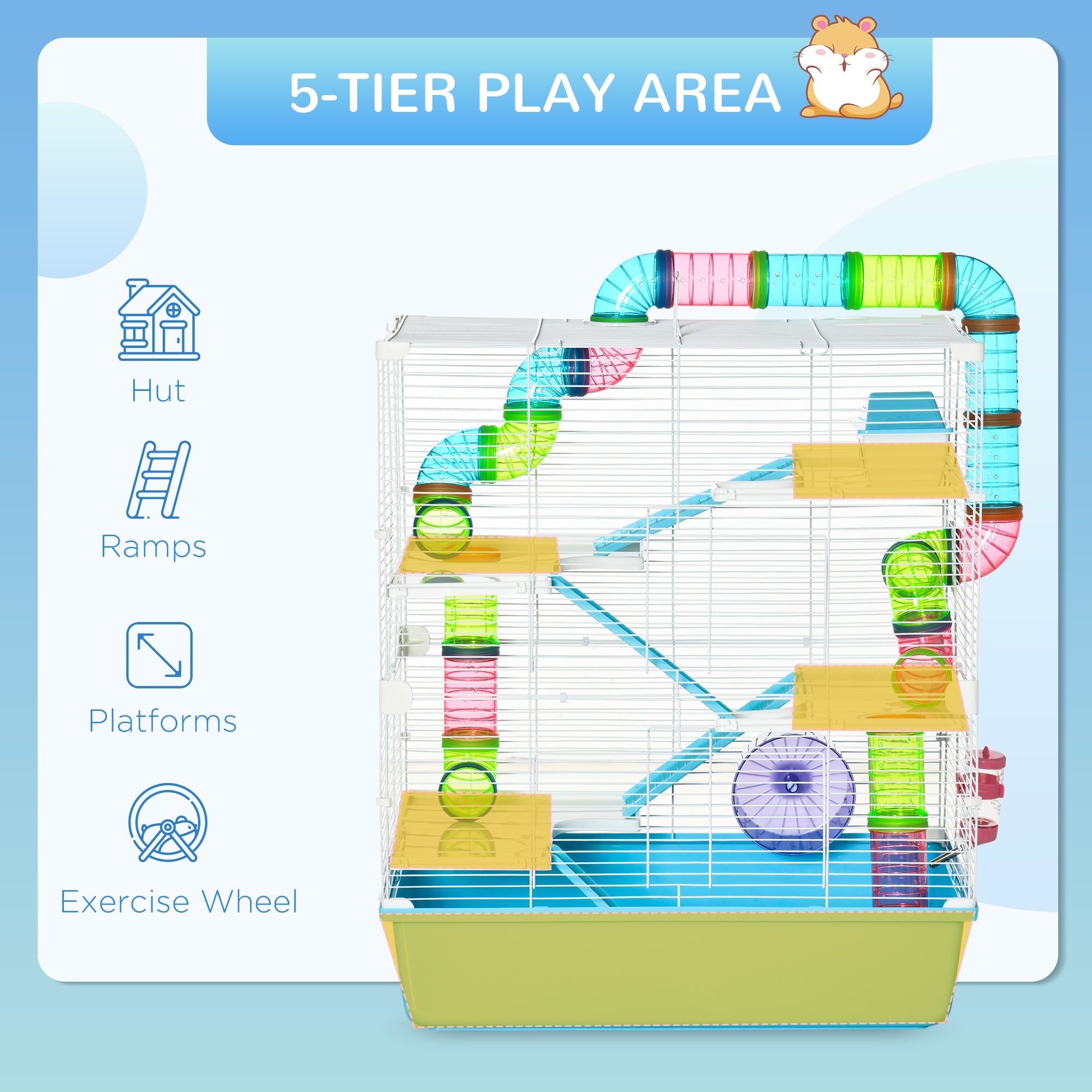 23" Large Hamster Cage, Small Animal House, 5-Level Gerbil Haven, Tunnel Tube System, with Water Bottle, Exercise Wheel, Food Dish, Ramps, 2 Doors, Light Blue