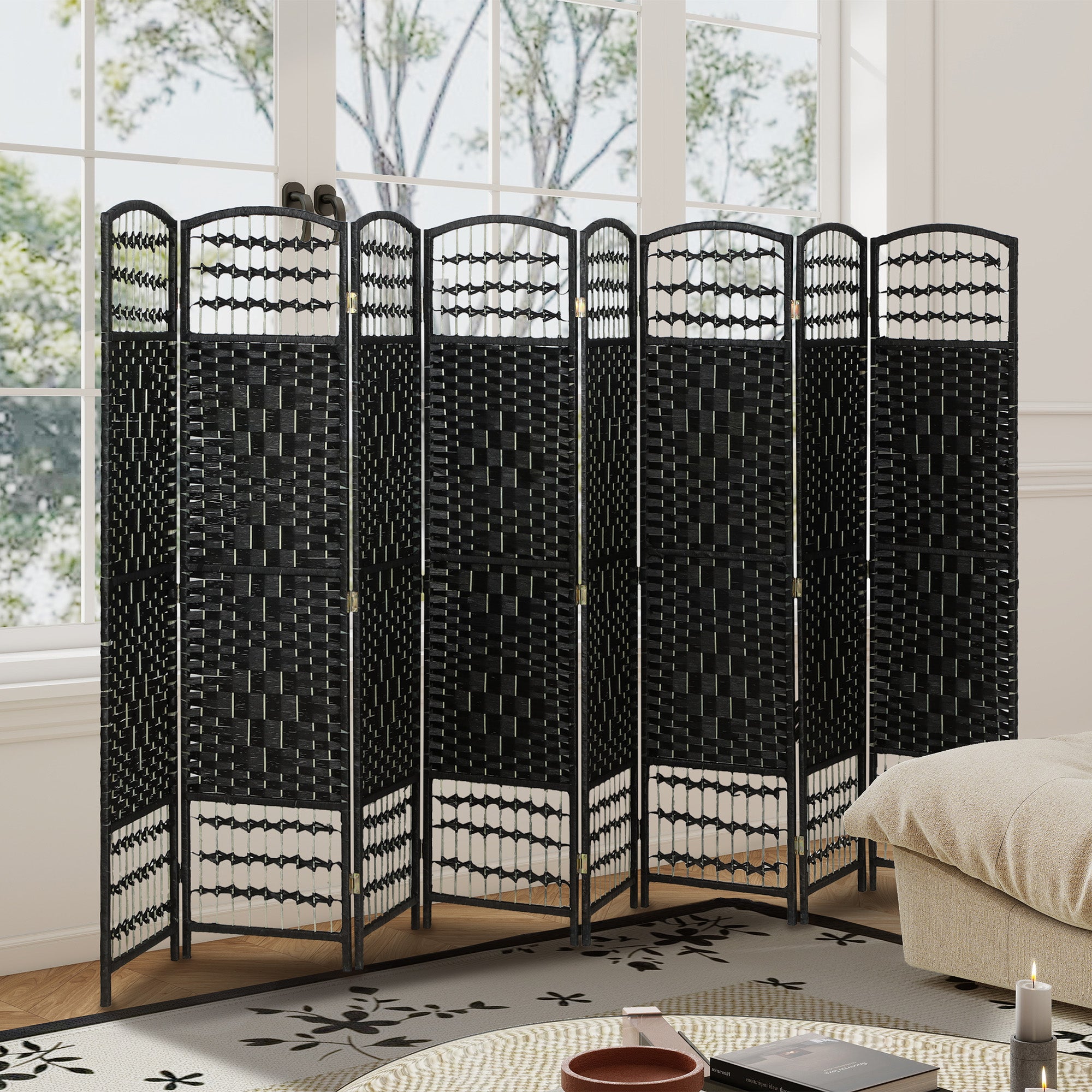 8 Panel Folding Room Divider, Portable Privacy Screen, Wave Fiber Room Partition for Home Office, Black
