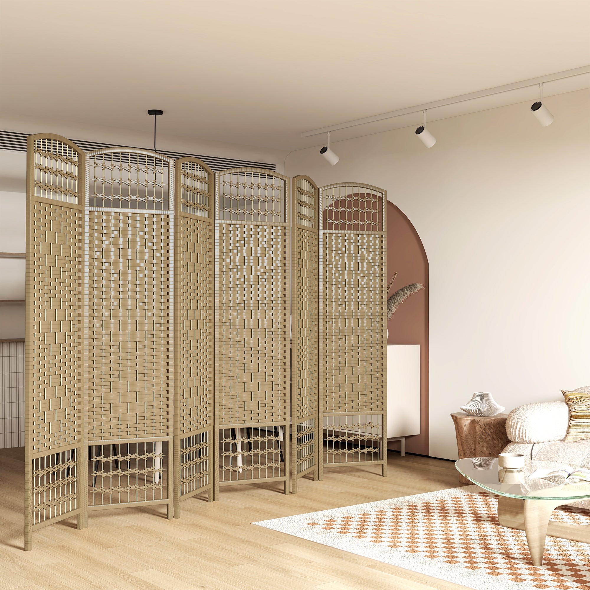 6 Panel Folding Room Divider, Portable Privacy Screen, Wave Fiber Room Partition for Home Office, Natural