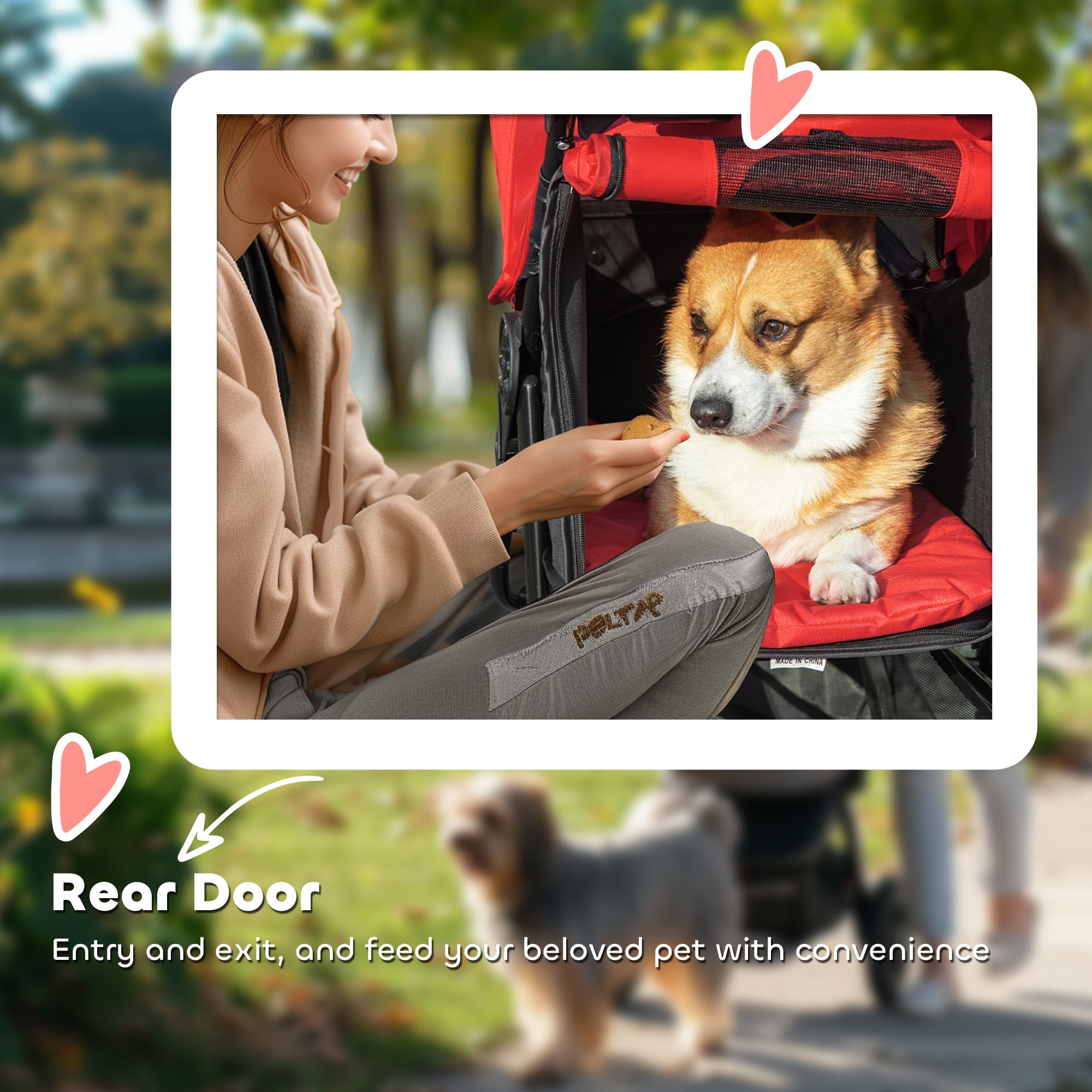 Pet Stroller for Small Dogs, 3 Rubber Wheels, One-click Easy Folding All-Terrain Dog Stroller, Adjustable Canopy, Zippered Mesh Window Door, Storage Basket, Red