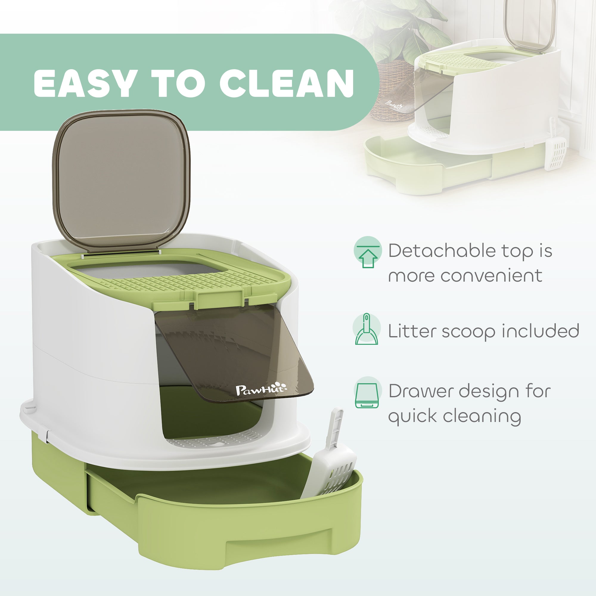 Enclosed Cat Litter Box with Lid, Scoop, Top Entry, Deodorization Bags, Drawer Type Cat Litter Tray, Easy to Clean, Green