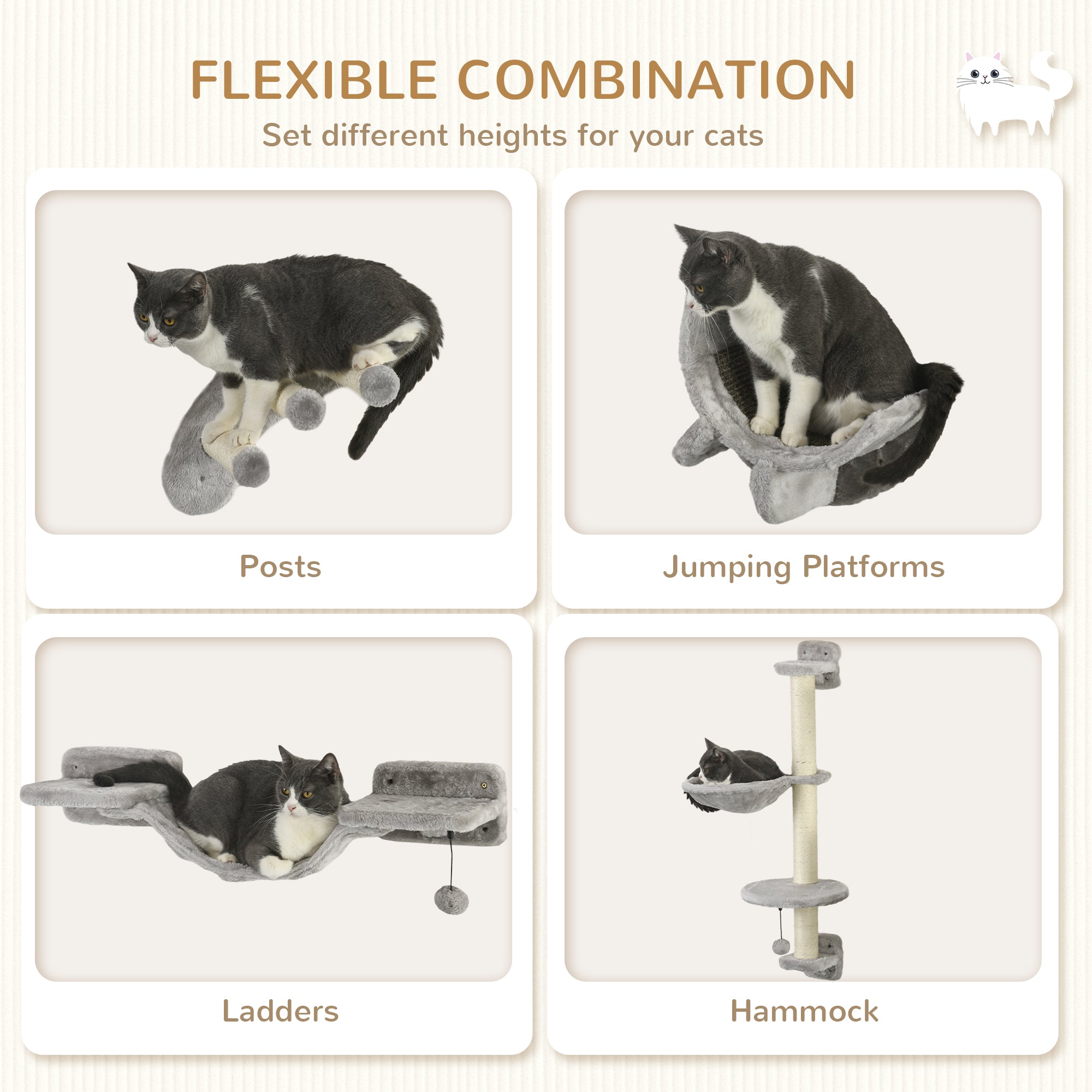 4Pcs Cat Wall Shelf with Scratching Post, Cat Wall Shelves for Relaxing, Climbing, Cat Wall With Soft Ladder, Hammock, Play Balls, Grey