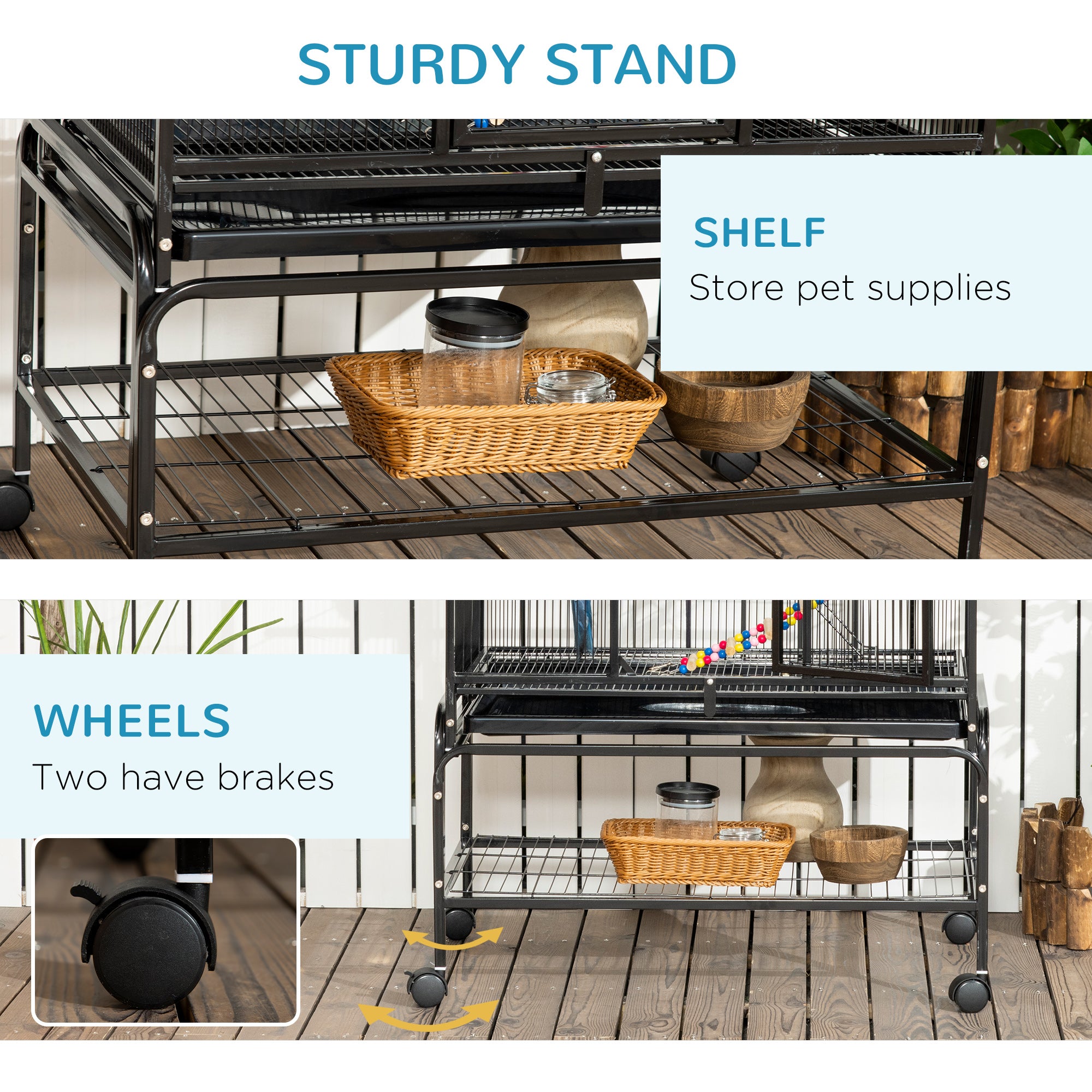 71" Bird Cage with Wheels Perches, Ramp, Storage Shelf, Toys for Canaries, Finches, Cockatiels, Parakeets, Black