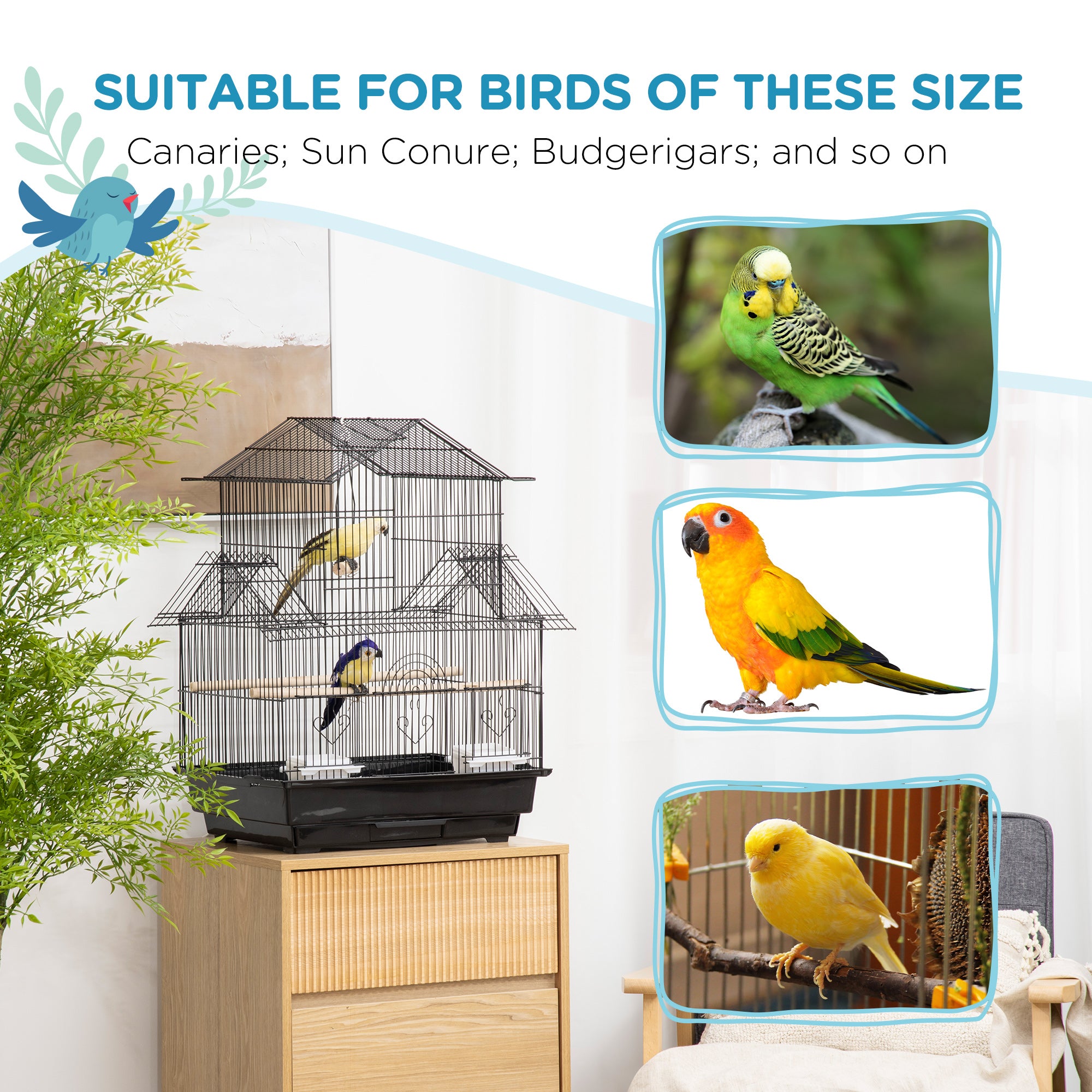 25" Bird Cage with Perch, Swing, Food Container, Slide-out Tray, Handle, Parrot Cage for Finches, Canaries, Budgies