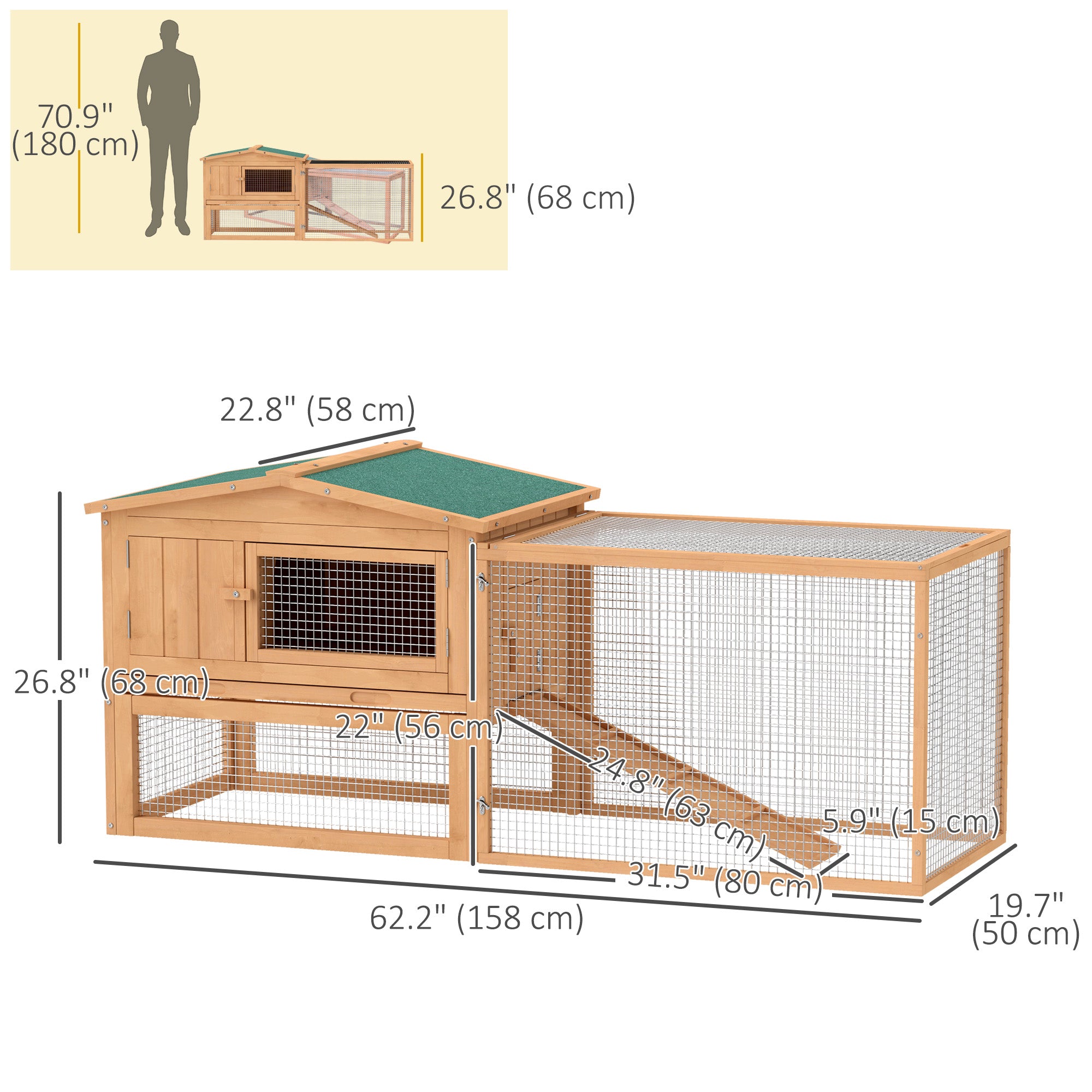Clapier à lapins à 2 niveaux de 62'' L, cage et maison pour petits animaux avec bac amovible, enclos détachable et rampe, pour intérieur et extérieur, naturel