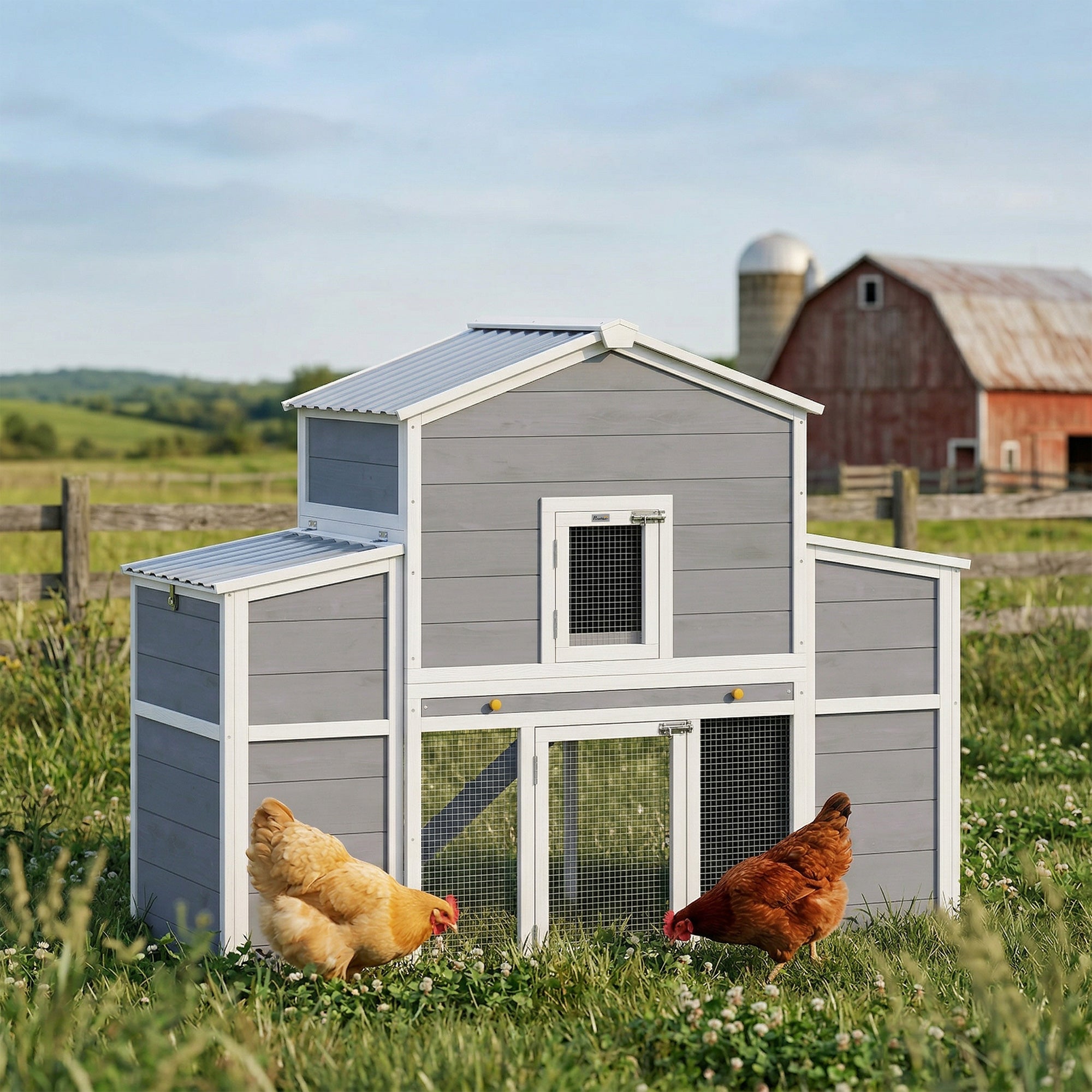 66.5" Large Chicken Coop, Wooden Chicken House with 2 Nesting Boxes, Sliding Tray & Ramp, for Outdoor Backyard Farm