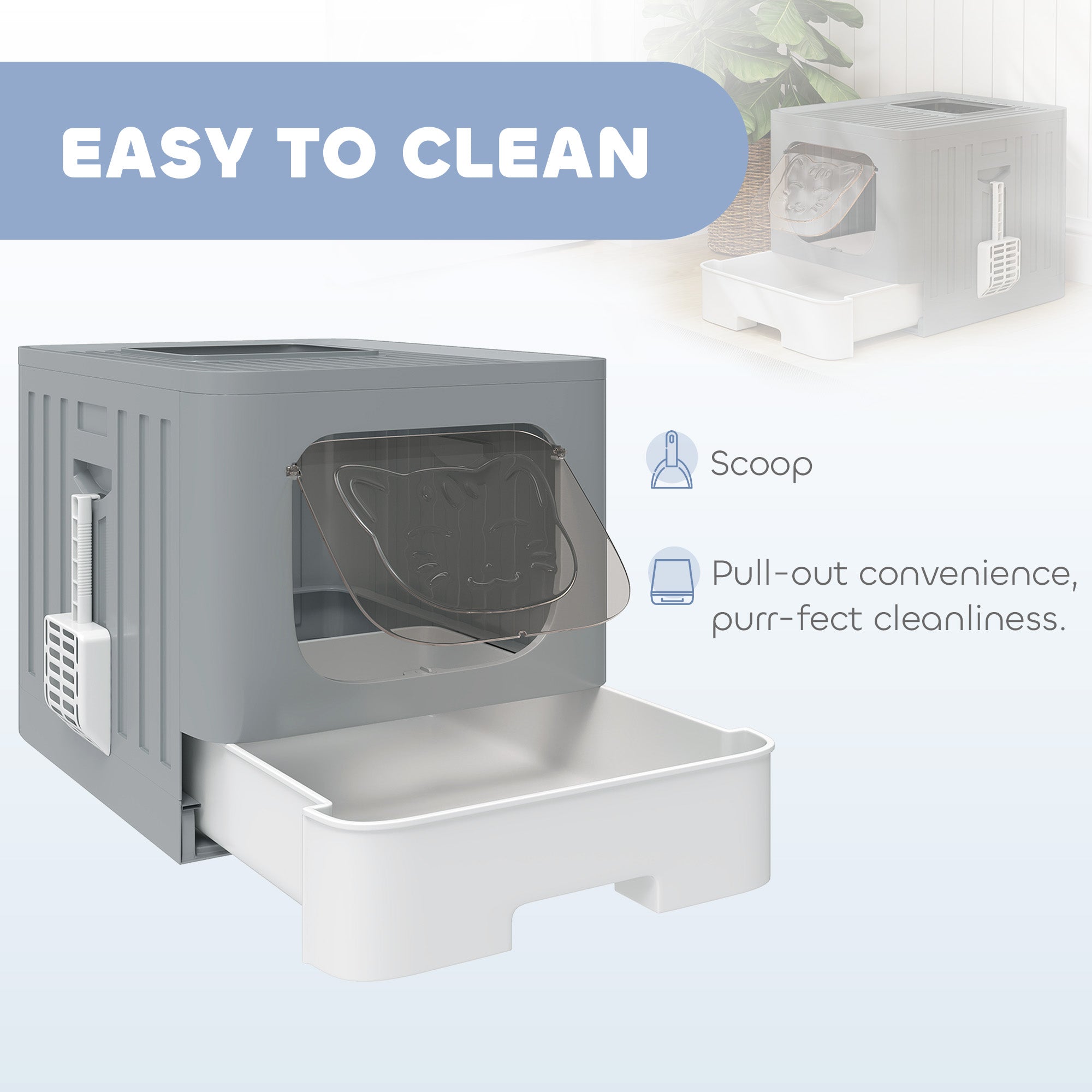 Cat Litter Box with Lid, Slide-Out Drawer, Scoop, Easy Clean, Odour Control, Anti-Splashing, Grey