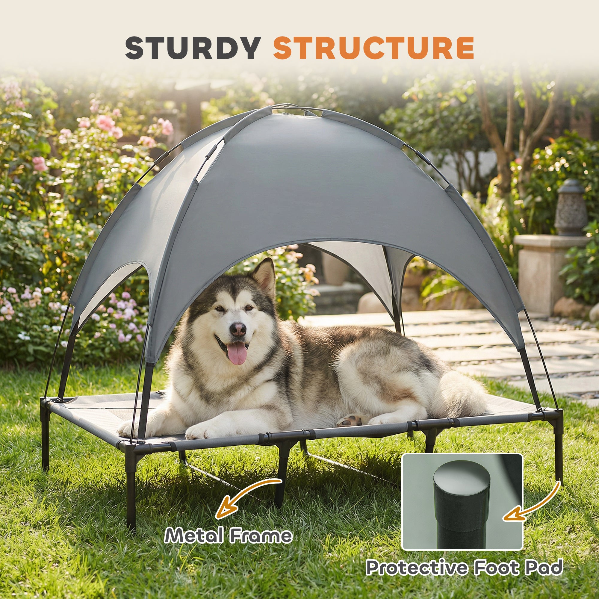 Elevated Dog Bed with Canopy, Portable Raised Dog Cot for XL Sized Dogs, Indoor & Outdoor, 48" x 36" x 43", Grey
