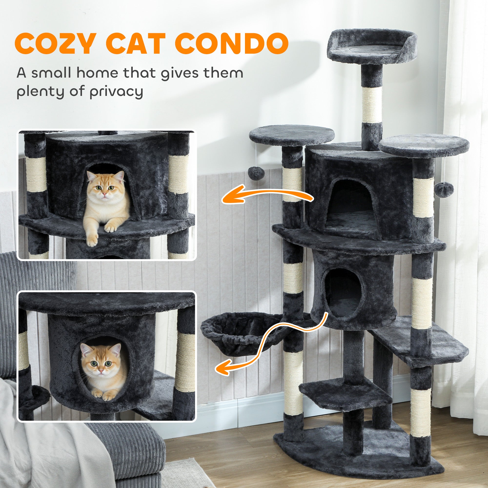 62" Cat Tree with Scratching Post, 2 Condos, Hammock, Perches, Plush, Pompoms, for Indoor Cats, Dark Grey