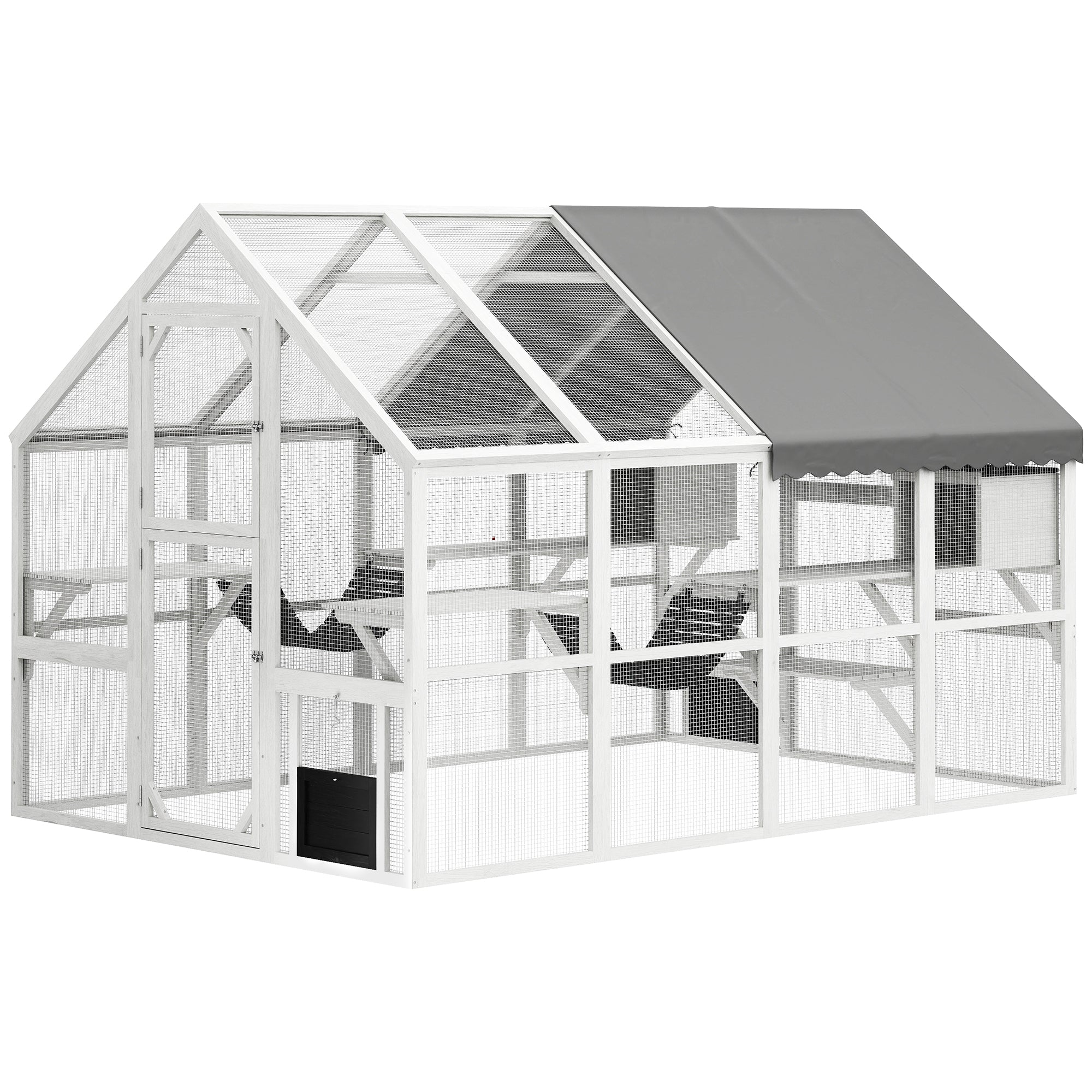 Outdoor Cat Enclosure Wooden Feral Cat House w/ Weatherproof Canopy, Bridges, Resting Boxes, Platforms, for 3-6 Cats