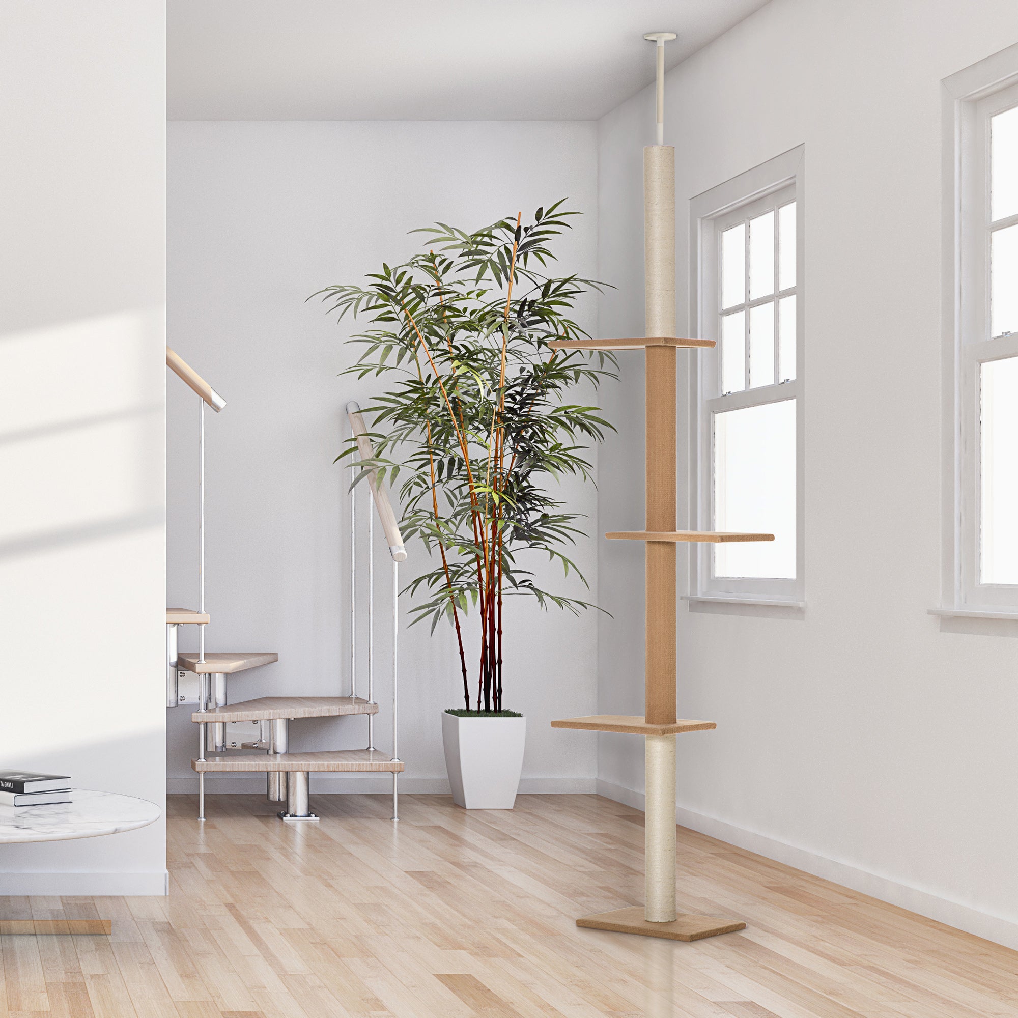 100" Floor To Ceiling Cat Tree w/ 3 Perches Activity Center for Kittens Cat Tower Furniture, Brown