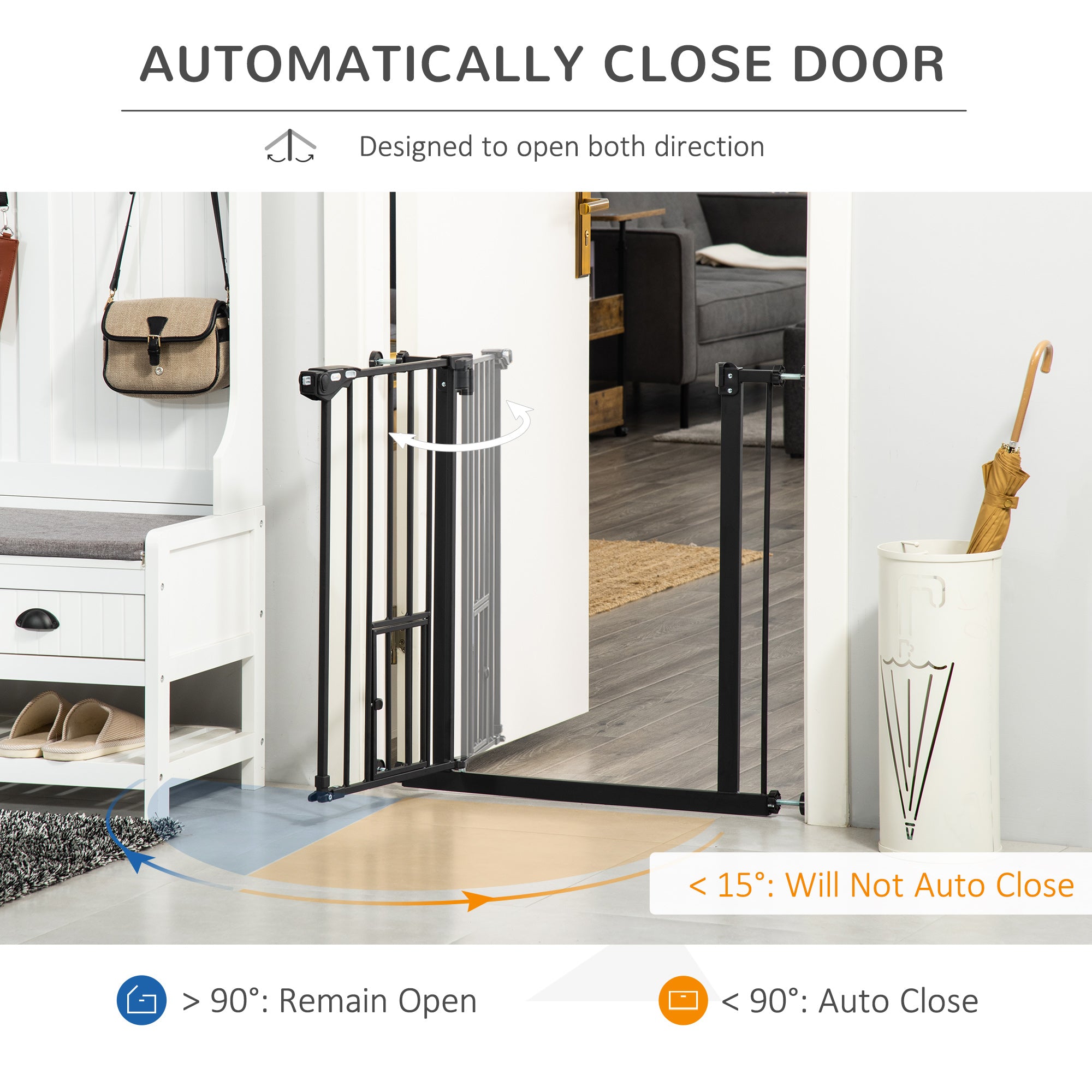 Retractable Gate Extra Wide Press-Mounted with Cat Door, Auto Closing Pet Gate for Stair, Hallway, 29-32 Inch