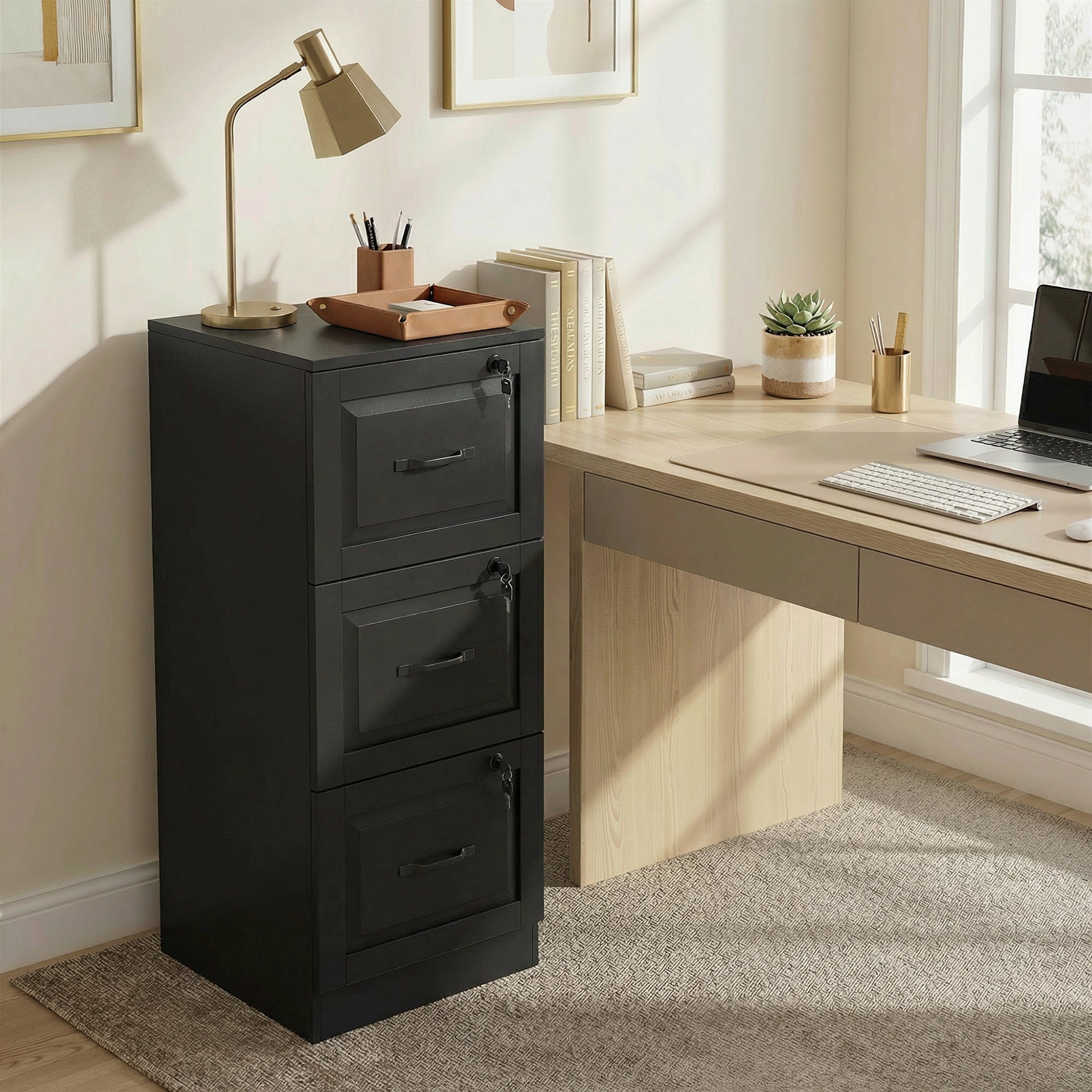 3 Drawer File Cabinet with Lock, Vertical Filing Cabinet with Adjustable Hanging Bars for A4 and Letter Size, Black-Office Products > Office Furniture > Office Cabinets & Cupboards-DECOROLALA