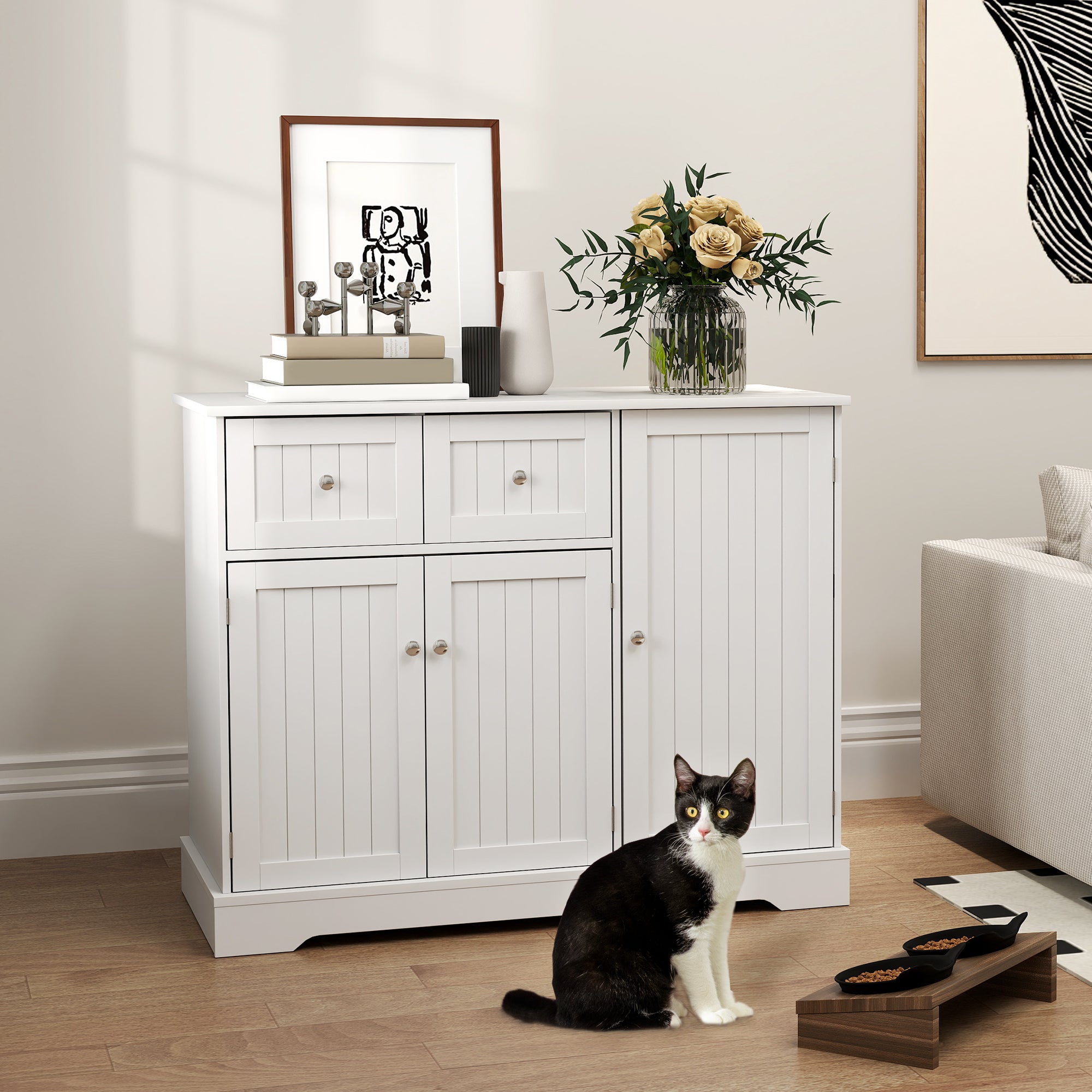 Cat Litter Box Enclosure with Drawer, Storage, Anti-tip Kit, for Living Room, Bedroom, White