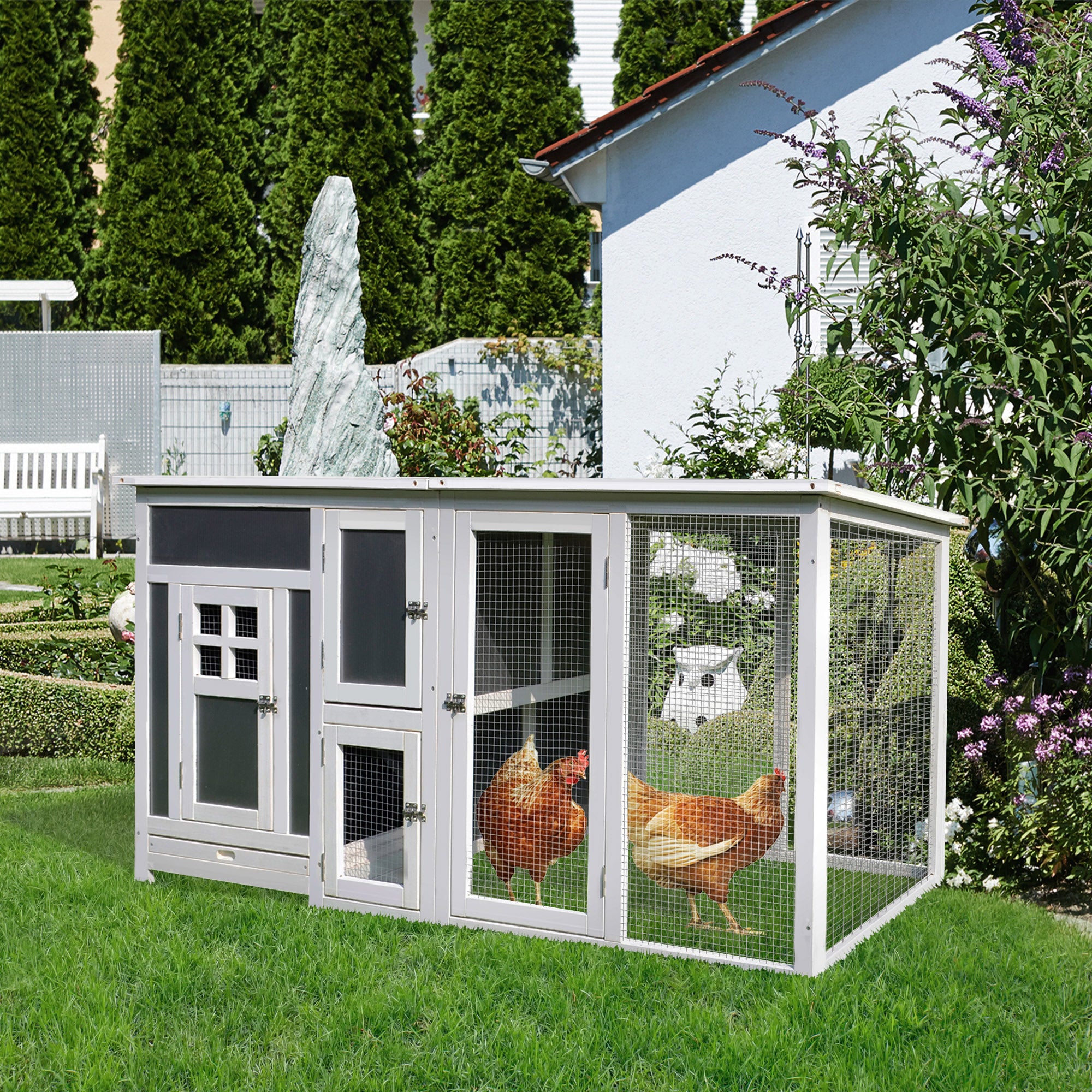 Poulailler en bois de 63" avec pondoir et enclos, cage pour poules, clapier pour lapins et petits animaux, usage extérieur dans le jardin, toit en PC gris