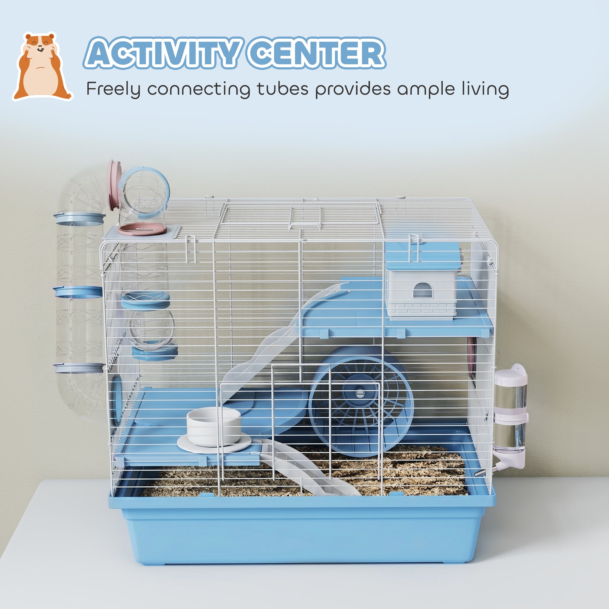 Hamster Cage, 3-Tier Small Animal Cage with Excerise Wheel, Food Bowl, Water Bottle, House, Tunnels, Ramps