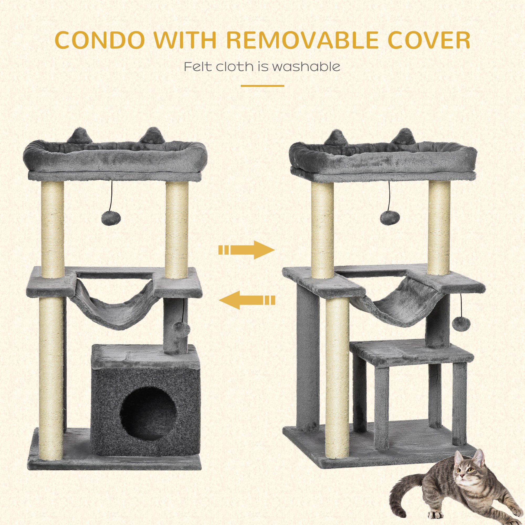 39.25'' Cat Tree Tower Multi-Level Kitten House with Scratching Post Condo Hammock Bed Ball Toy - Grey