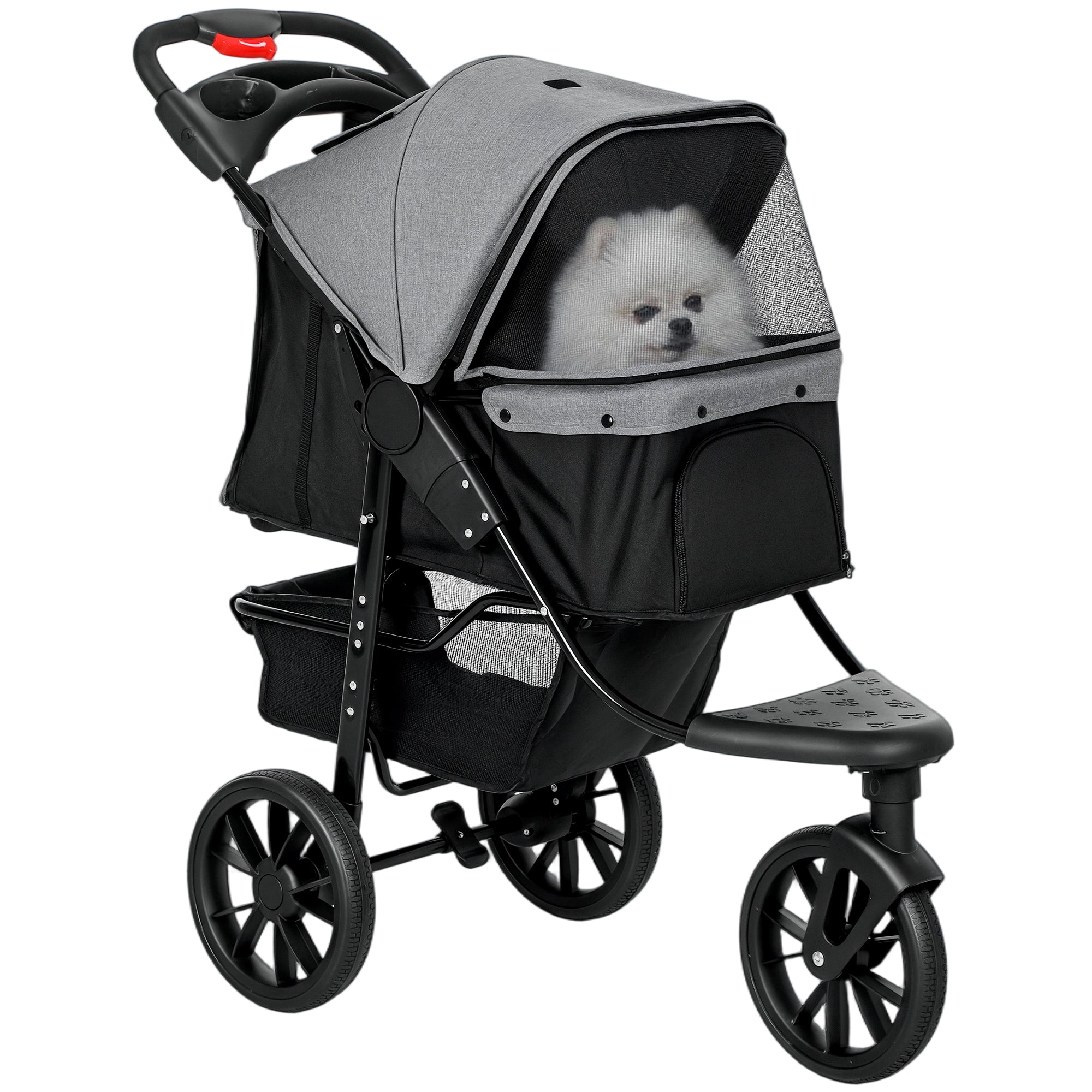 Poussette pour chien pliable à 3 roues, sac de transport avec capote réglable, frein de rangement, fenêtre en mesh pour chiens S et M, grise