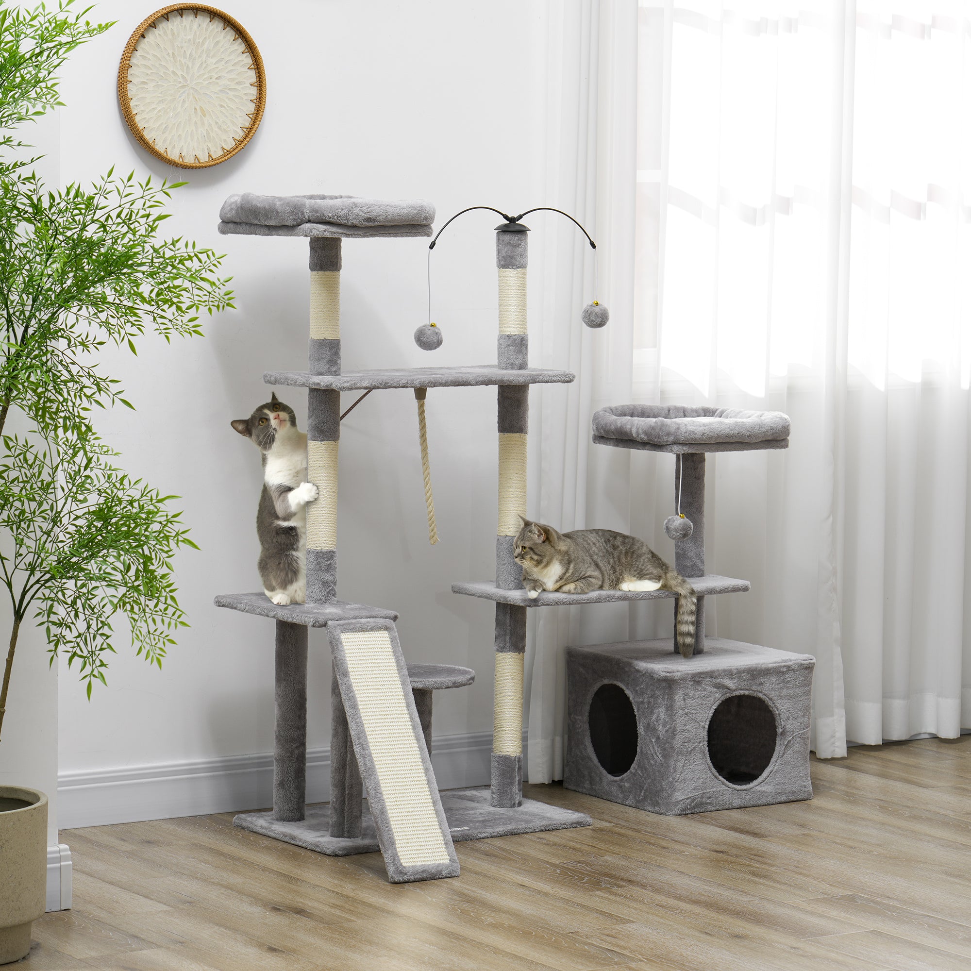 53" Cat Tree, Cat Tower with Scratching Posts, Cat Condo, Beds, Platforms, Toy Balls for Indoor Cats, Light Grey